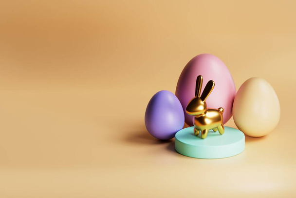 Eine reizvolle 3D-Darstellung mit goldenen Ostereiern, einem goldenen Hasen oder Hasen und pastellfarbenen Eiern, die alle in zarten Farben gehalten sind und eine warme, festliche Atmosphäre schaffen - Foto, Bild
