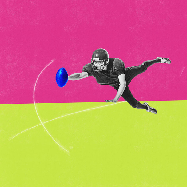 Young sportive man, american football player in uniform catching ball over pink green background. Contemporary art collage. Bright colorful design. Concept of youth, sportive lifestyle, competition - Photo, Image