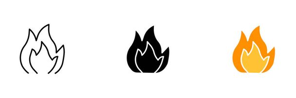 A lángok és a füst illusztrációja, ami a tüzet és annak pusztító erejét jelképezi. Vektorkészlet ikonok sorban, fekete és színes stílusok elszigetelt. - Vektor, kép