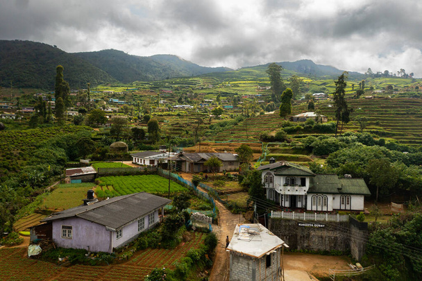 Green tea terraces and a village on the hillsides. Tea estate landscape. Nuwara Eliya, Sri Lanka. - Φωτογραφία, εικόνα