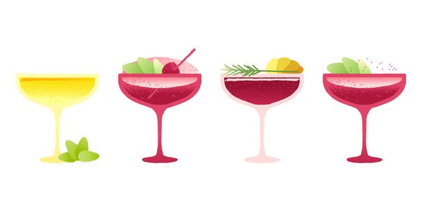 Margarita dessert glass set. Alcohol drink with berries and mint. Red cocktail for event and celebration. Flat vector illustration with texture and gradient - Вектор, зображення