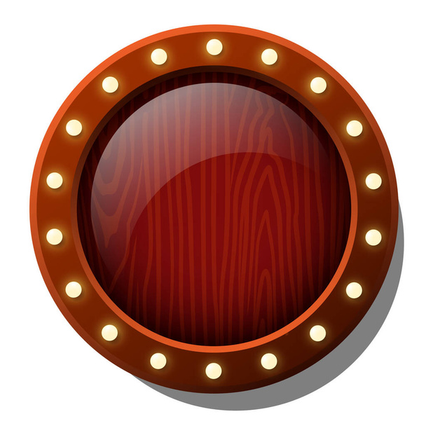 Blank round background for casino. Empty background for placing elements on the theme of the casino. Red luxury background with a brown wooden frame and light bulbs. - Vector, Image