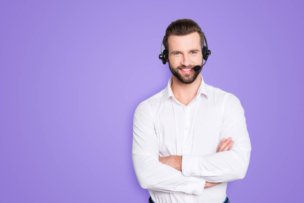 Portrait with copyspace, empty place for advertisement of stylish cheerful operator with headset with microphone on head and crossed arms isolated on grey background. - Φωτογραφία, εικόνα
