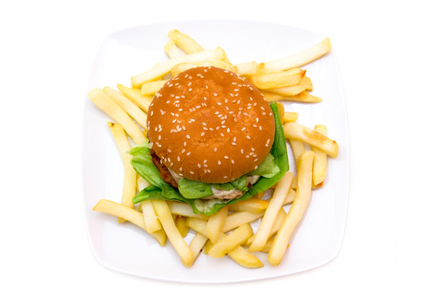 Hamburgera z serem i frytki z góry - Zdjęcie, obraz