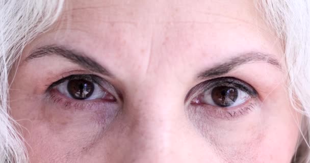 Primo piano di occhi marroni di donna anziana con capelli grigi macro 4k film. Aiuto età concetto di persone - Filmati, video