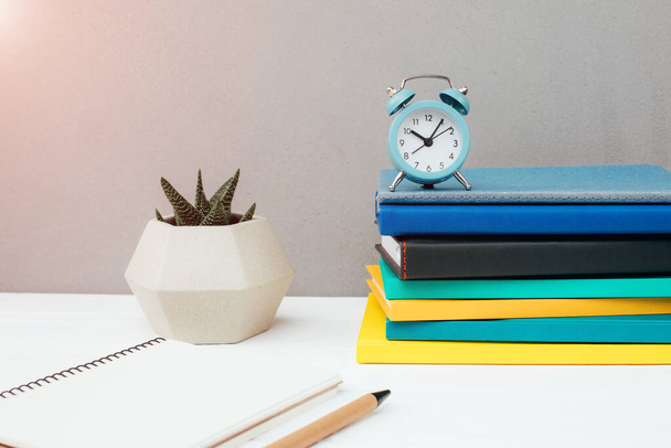 Workplace with stationery. Multicolored notepads, blue alarm clock, succulent on a white wooden table against a gray wall. Front view - Fotoğraf, Görsel