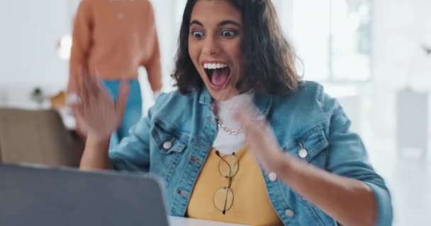 High five, laptop or happy employees with success in celebration of digital marketing SEO goals or kpi target. Bonus, wow or excited black woman or girl winner celebrate winning, email or good news. - Materiał filmowy, wideo