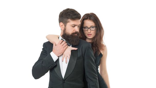 Love is in the air. male tuxedo fashion. sexy lady embrace her bearded man. couple in love. business meeting. love and romance. formal couple grooming for engagement event. elegant woman. - 写真・画像