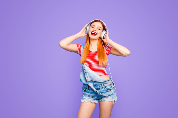 Fun joy leisure lifestyle people person concept. Close up studio photo portrait of pretty excited cheerful rejoicing glad funky funny fancy lady enjoying best track ever isolated bright background. - Zdjęcie, obraz