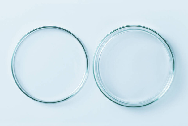 Σετ από πιάτα Petri από μπλε γυαλί. Σε μπλε φόντο. - Φωτογραφία, εικόνα