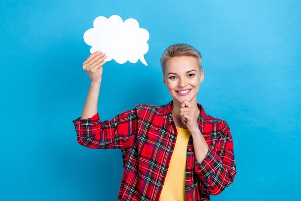 Photo of young clever business lady touch chin minded genius plan speech hold empty space bubble cloud thoughtful isolated on blue color background. - 写真・画像