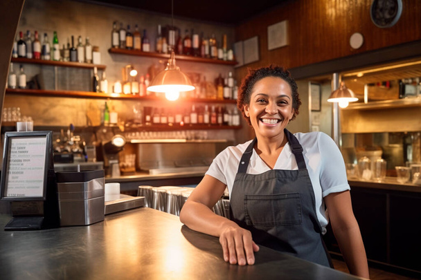 Waitress in front of the top bar looking at camera in her restaurant. - Foto, Imagem