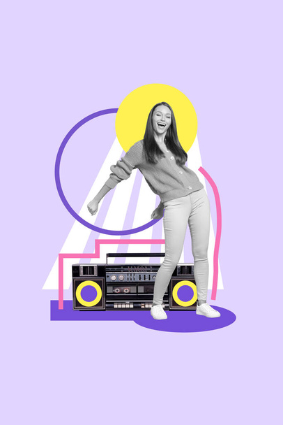 Vertical creative collage image of smiling positive female have fun boom box listen music dancing holiday prom concert performance. - Zdjęcie, obraz