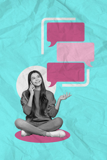 3d retro abstract creative artwork template collage of teenager girl talking phone speech comics bubble speak label information tag message. - Foto, immagini