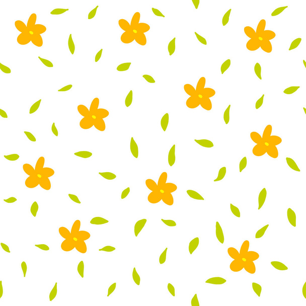 Nahtloses Muster mit abstrakten orangefarbenen Blüten und Blättern auf weißem Hintergrund. Botanische Illustration für Einband-Design, Wohnkultur, Einladungskarte, Frühlingstextur für Textil- und Stoffdesign.  - Vektor, Bild