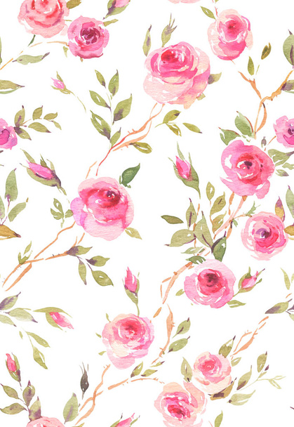 Watercolor vintage garden roses seamless pattern on white, botanical texture - Фото, изображение