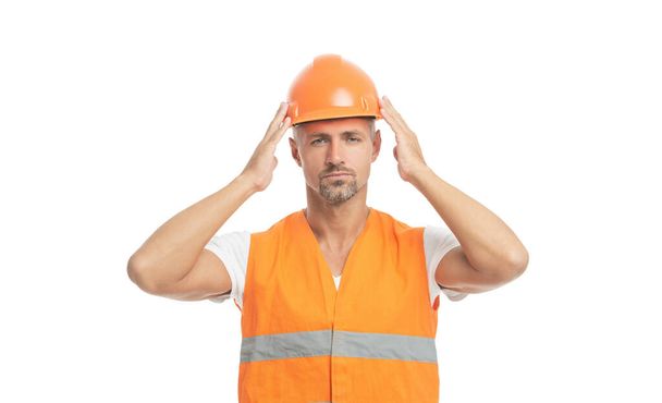 man worker isolated on white background. man worker in white studio. man worker on background. photo of man worker wearing reflective vest. - Foto, immagini