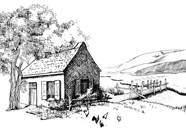Panorama krajobrazu wiejskiego z rzeką. Szkic długopisu przekształcony na rysunek wektorowy - Wektor, obraz