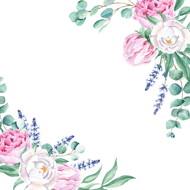 Aquarellrahmen, rosa und weiße Pfingstrosen, Eukalyptus- und Lavendelzweige. Handgezeichnete botanische Illustration isoliert auf weißem Hintergrund. Ideal für Schreibwaren, Einladungen, Speichern des Datums, Hochzeit - Foto, Bild