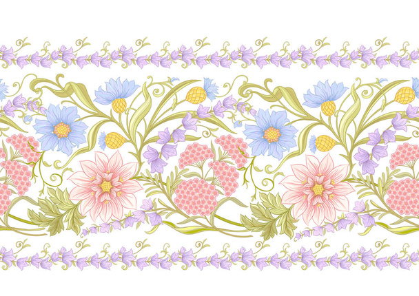 Decorative flowers and leaves in art nouveau style, vintage, old, retro style. Seamless pattern, background. Vector illustration. - Вектор,изображение