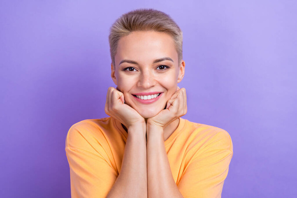 Photo portrait of young pretty lovely girl touch cheeks pretty person beauty soft skin white teeth veneers advert isolated on violet color background. - Zdjęcie, obraz