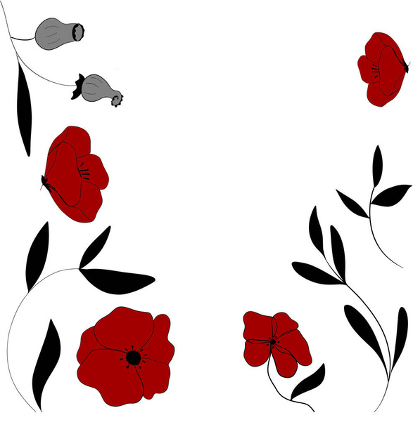 Flower frame red and black leaves and poppy lowers . Vector illustration - Vettoriali, immagini