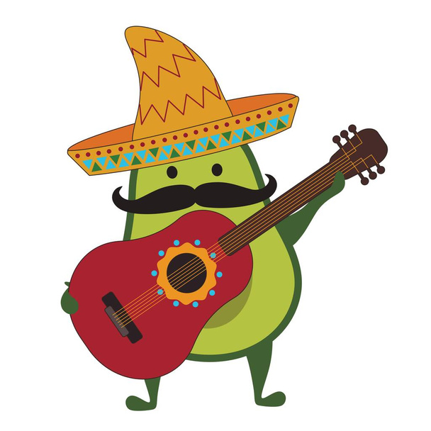Funny Mexican avocado with sombrero and guitar on white background - Вектор,изображение