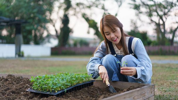 Junge Frau baut mit Kelle Setzlinge von Bio-Gemüse auf Gemüsebeet vor Haus an. - Foto, Bild