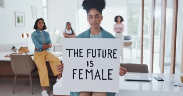 Business women with protest sign, empowerment and gender equality in office and serious female employees. Corporate movement, strong and vision with leadership, career development and future growth - Footage, Video