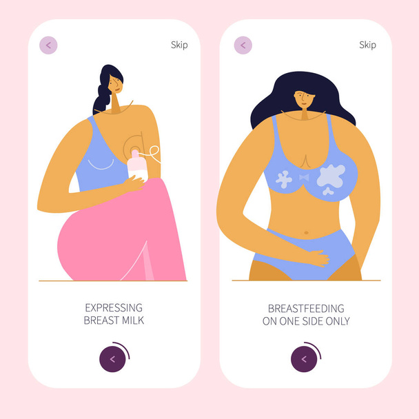 ベクトルイラストUI UXデザインアプリは女性が片側母乳を持っており、新しいお母さんは新生児のために使用される母乳ポンプをポンピングしています。彼らは牛乳と良い場所をたくさん持っています。これは手描きのアートで作られたベクトルイラストです。. - ベクター画像