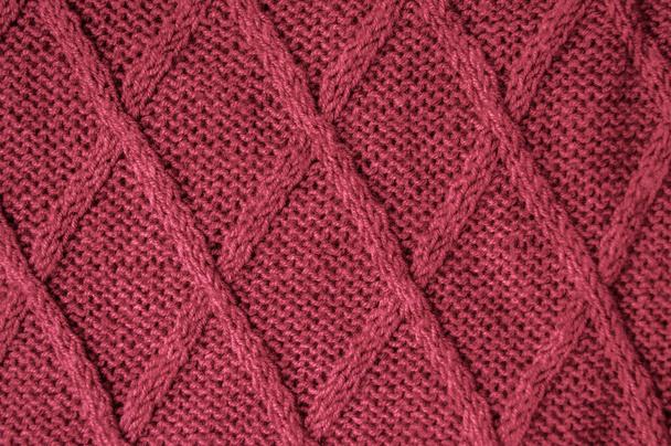 Detail Knitted Fabric. Vintage Woven Design. Closeup Jacquard Warm Background. Abstract Wool. Red Weave Thread. Nordic Xmas Decor. Soft Jumper Material. Cotton Knitted Wool. - 写真・画像
