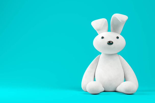 White toy rabbit on blue background 3 D illustration - Foto, Imagen