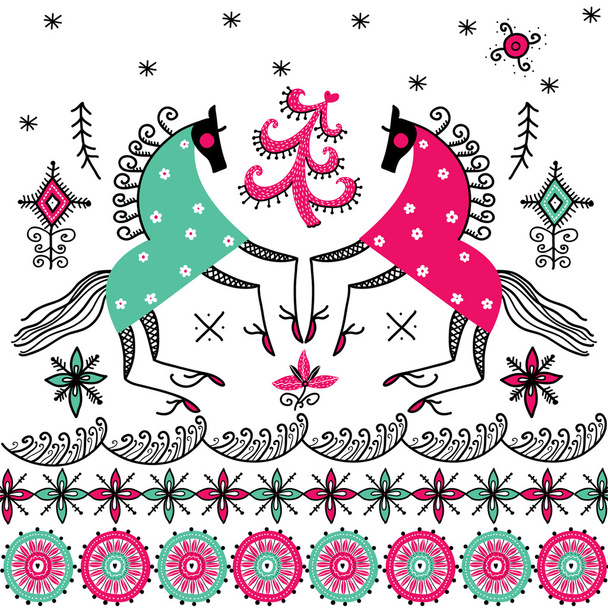 Floral Pattern with horses - Vector, imagen
