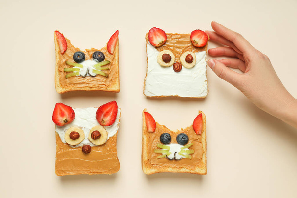 Tasty breakfast for kid - toasts, top view - Photo, Image