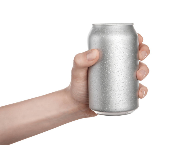 Woman holding aluminum can on white background, closeup - Foto, afbeelding