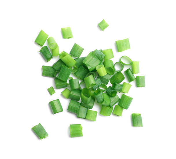 Pile of fresh green onion on white background, top view - Foto, immagini