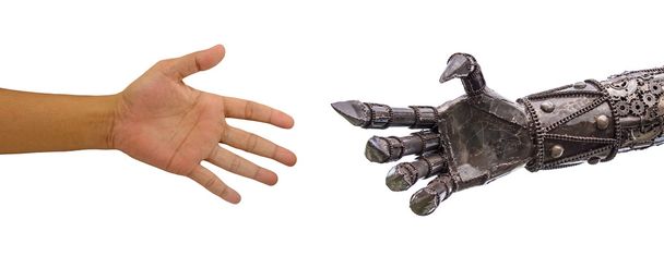 Рукопожатие человека с помощью робота Сай-бер, изолированного на белом бэкгру
 - Фото, изображение