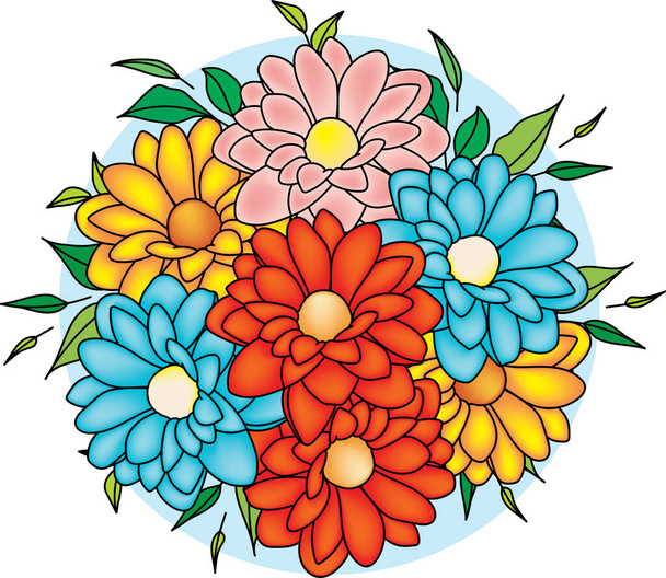Illustration of the flower with leaves on blue circle background. - Вектор,изображение