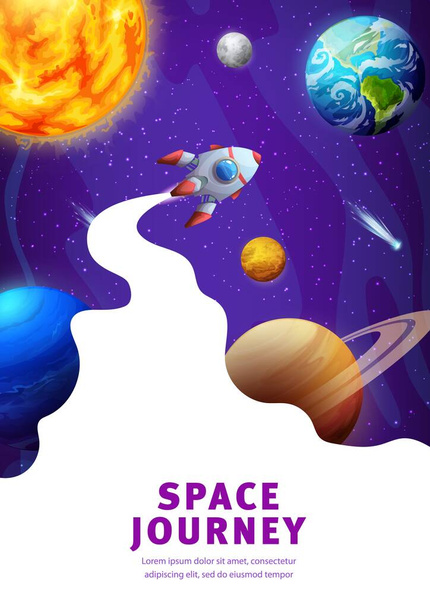Página de aterrizaje espacial, paisaje de galaxias con cohetes, estrellas y planetas. Shuttle con marco de humo blanco volando en el mundo cósmico de fantasía. Fondo vectorial con viaje en nave espacial en universo alienígena - Vector, imagen