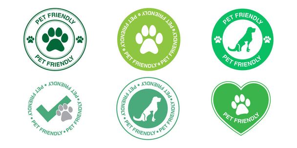 Haustierfreundliche Schildersammlung. Set von grünen Vektorgrafiken mit Hunden und Katzen Symbolen. Welpensymbole packen. Eintrittsschilder für Maskottchen. - Vektor, Bild