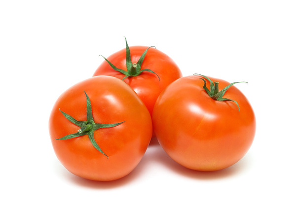 three ripe tomatoes closeup isolated on white background - Foto, Imagem