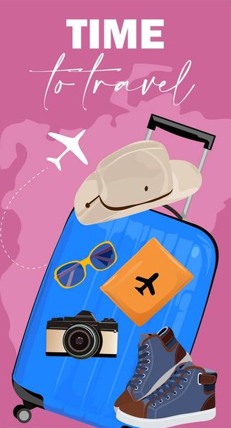Banner utazási és turisztikai elemekkel. Színes turisztikai tárgyak, mint a bőrönd, útlevél, kamera, kalap, napszemüveg és szöveges Time to Travel. Nyári nyaralás függőleges háttér. Vektorillusztráció - Vektor, kép