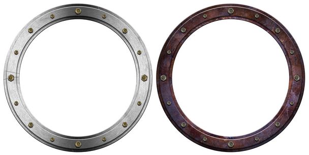 Two metal portholes with bolts isolated on white background, 3d illustration. - Photo, Image
