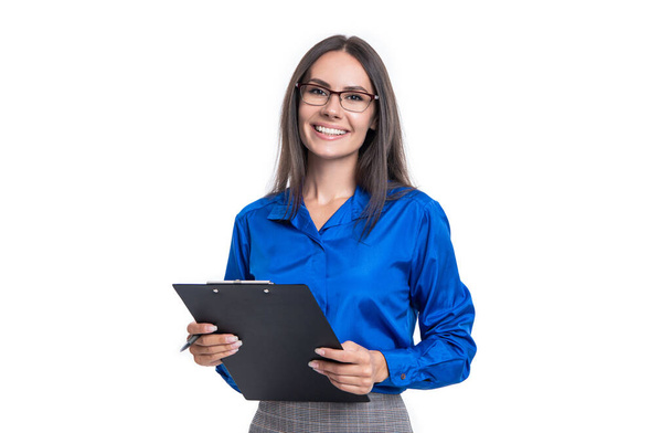 happy businesswoman with contract isolated on white background. businesswoman with contract in studio. businesswoman with contract on background. photo of businesswoman with contract wear glasses. - Foto, afbeelding