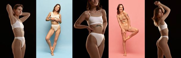 Collage. Set of images of young beautiful girl with slim, fit, healthy body posing in underwear against studio background. Concept of body and skin care, figure, fitness, health, wellness. - Photo, image
