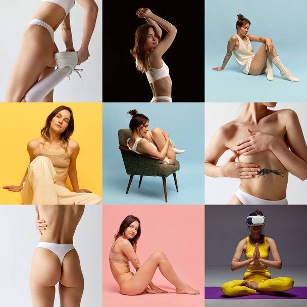 Collage. Set of images of young beautiful girl with slim, fit, healthy body posing in underwear against studio background. Concept of body and skin care, figure, fitness, health, wellness. - Zdjęcie, obraz