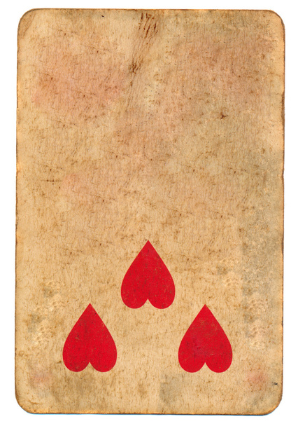 three red heart symbol on old playing card paper background - Photo, Image