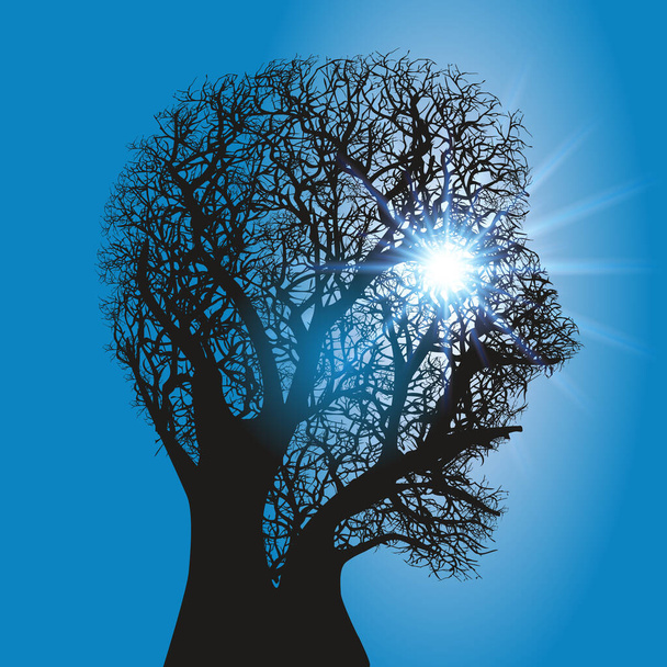 Environmentální koncept se stromem viděným proti světlu, které vytváří profil lidské hlavy. - Vektor, obrázek
