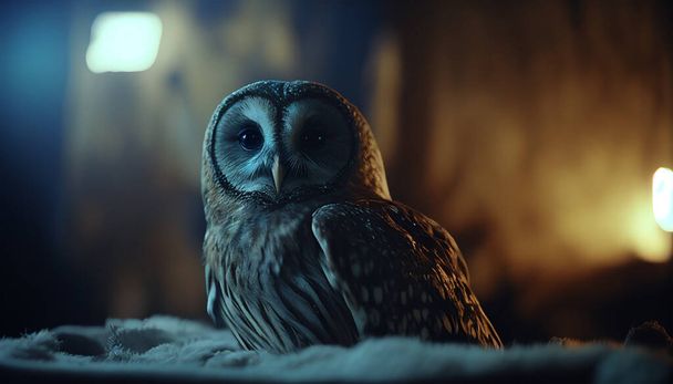 Ormanda gece lambasıyla gizemli bir baykuşun güzel portresi. - Fotoğraf, Görsel