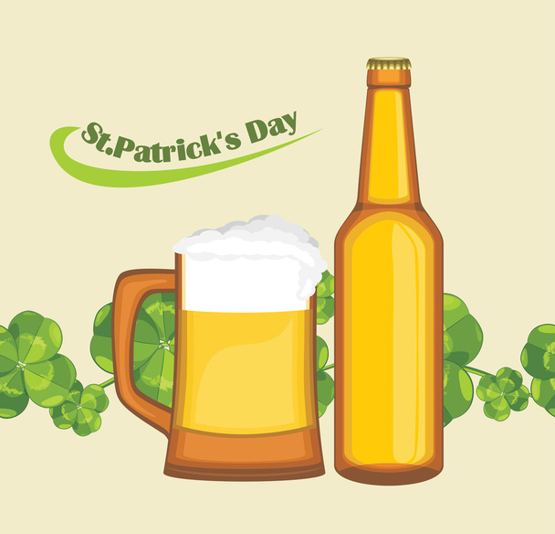 Beer mug and bottle on the seamless background with clover leaves - ベクター画像